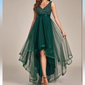 Ever-Pretty Green Sequin Maxi Dress High-Low Vneck Vback US Size 14 prom formal